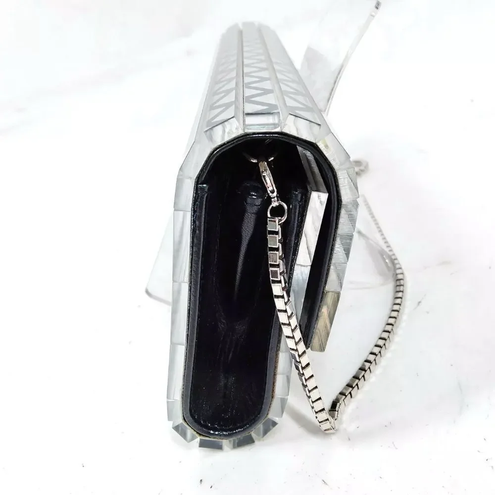Auth Jimmy Choo Black & Clear Diamond Print Acrylic Sweetie Clutch Silver Chain